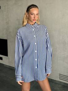SHEIN EZwear Women's Striped Long Sleeve Button-Up Casual Leisure Fashionable Regular Jacket