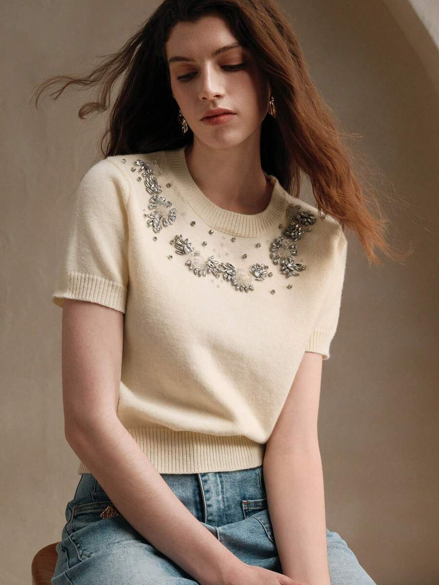 Anewsta Handmade Embroidered & Beaded Knit Top - Apricot - View 1