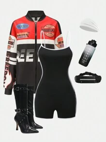 SHEIN Explorewe 2pcs Women's Fashion Street Casual Letter Print Baseball Jacket And Contrast Trim Romper Mommy & Me Clothes Set - Multicolor - View 3