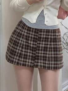 DAZY 女士格子A字迷你裙秋季半身裙 - 咖啡棕 - 查看 6