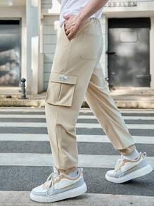 SHEIN Teen Boy's Casual Letter Printed Cargo Pants With Pockets - Apricot - View 4