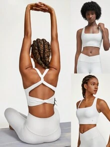 GLOWMODE FeatherFit™ Twisted Active Square Neckline Tank Light Support Low Impact Yoga Daily - White - View 7