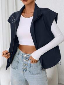 SHEIN EZwear 女士纯色前扣前拉链口袋简约夹克，秋冬日常休闲 - 藏蓝色 - 查看 5