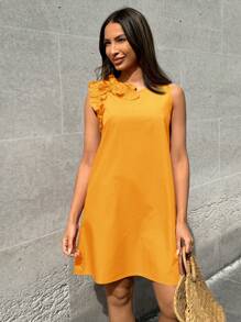 SHEIN LUNE Women's Ruffle Hem A-Line Dress, Rose Red Sleeveless Round Neck Elegant Casual Dress