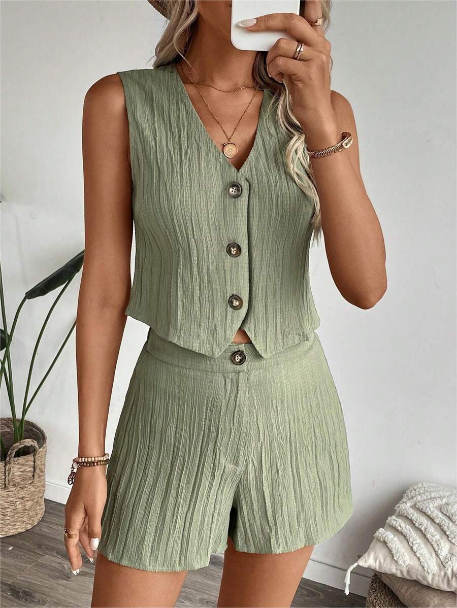 SHEIN LUNE Bộ hai món áo vest xanh và quần áo bảo hộ lao động thường ngày từ hè đến thu cho nữ - màu xanh lá - Xem 1