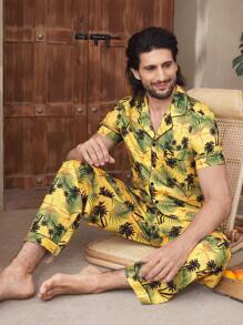 Manfinity ChillVibe 男士热带植物印花衬衫和裤子休闲睡衣套装 - 黃色 - 查看 2