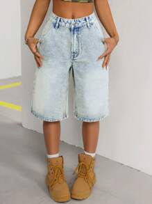SHEIN ICON Women Solid Color Vintage Washed Denim Shorts - Light Wash - View 3