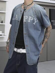 Manfinity Roghcode Men's Button Down Short Sleeve Ombre Letter Print Casual Denim Shirt - Blue - View 4