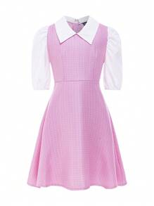 青少年女孩领口拼布休闲日常连衣裙