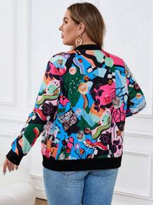 Chaqueta casual con cierre frontal con estampado total para mujeres de tallas grandes, prendas de otoño - Multicolor - Ver 4