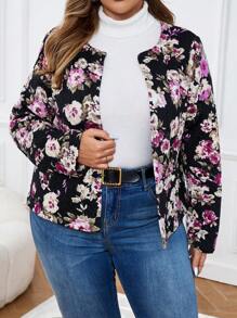 EMERY ROSE Plus Size Button-Up Long Sleeve Pocket All Over Print Fashionable Padded Winter Coat - Multicolor - View 2