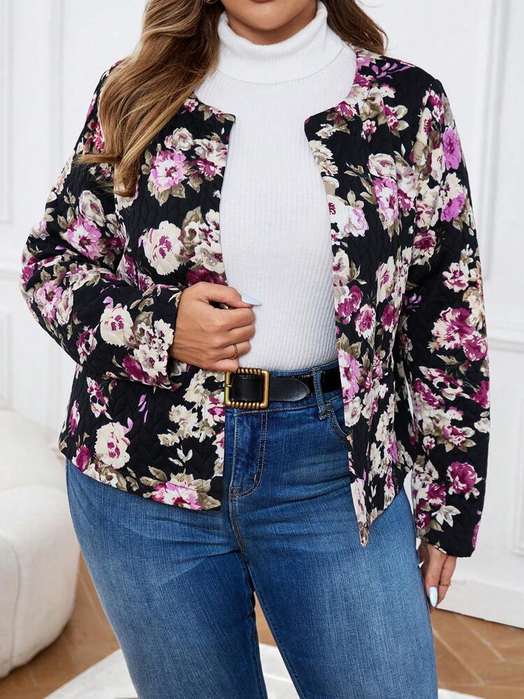 Plus Size Button-Up Long Sleeve Pocket All Over Print Fashionable Padded Winter Coat