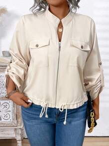 Plus Size Women's Solid Color Turn-Up Sleeve Loose Utility Pockets Casual Jacket, Spring Autumn