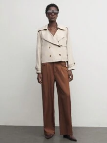 BizChic Khaki Oversized Collar Double-Breasted Loose Short Trench Coat, Autumn - Khaki - View 4