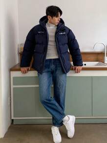 DAZY Winter Men's Loose Letter Print Padded Coat - Navy Blue - View 9