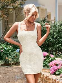PARTHEA Square Neck Crisscross Tie Up Stereo Flower Embroidery Bodycon Dress - Apricot - View 4
