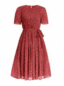 PoPoHouse Women's Elegant Temperament Round Neck Polka Dot Print Short Sleeve Waist Dress Summer