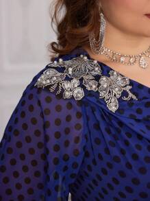 Plus Size Single-Breasted Beaded Decor Modest Long Flare Sleeve Chiffon Dress With Randomly Cut Watercolor Printed Patterns, Waist With Beaded Flower And Sequin Trims, Elegant And Gorgeous Spring - Purple - View 7