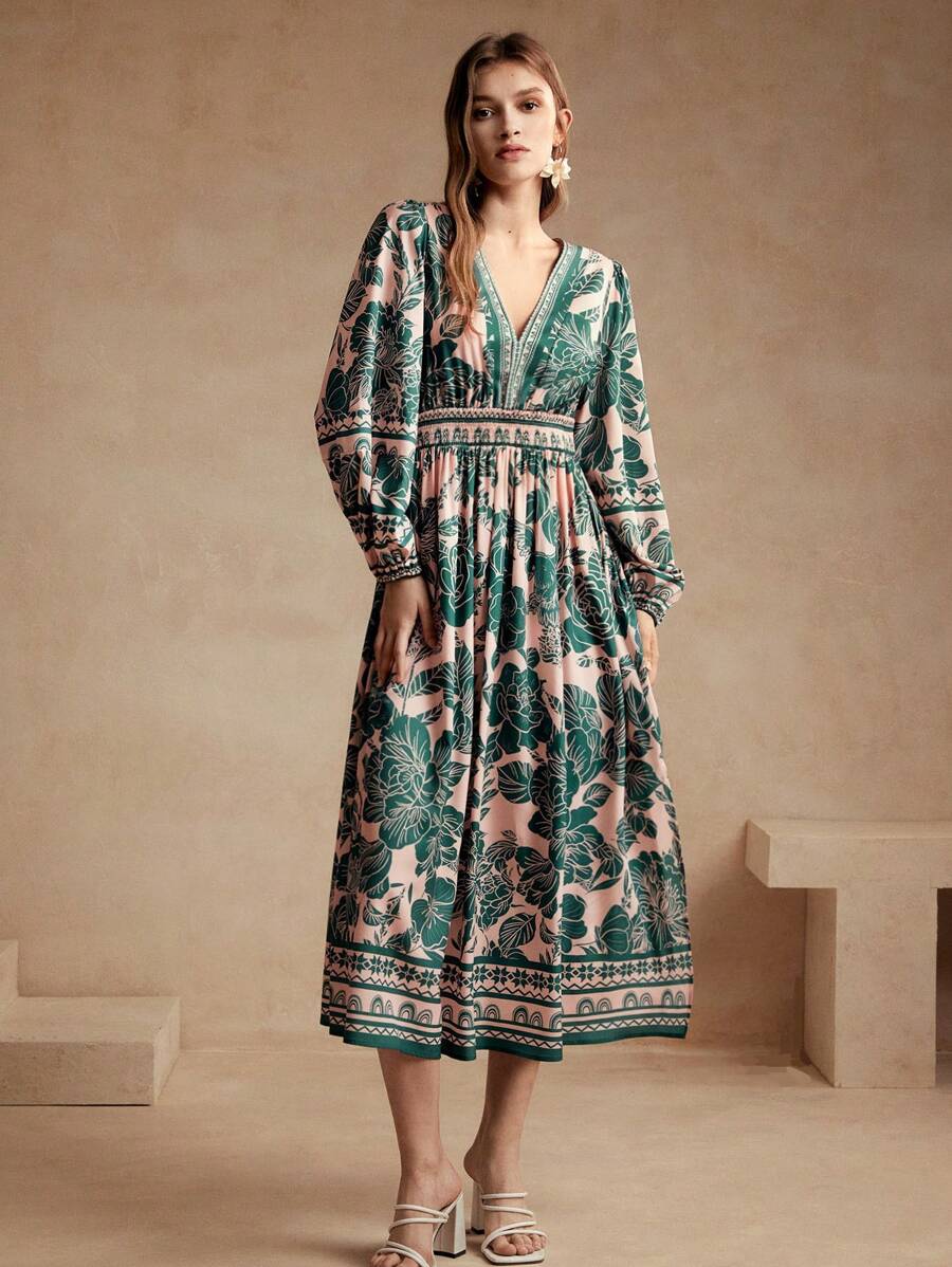 Anewsta Women's Casual Holiday Green Floral Puff Sleeve Dress - Green - View 1