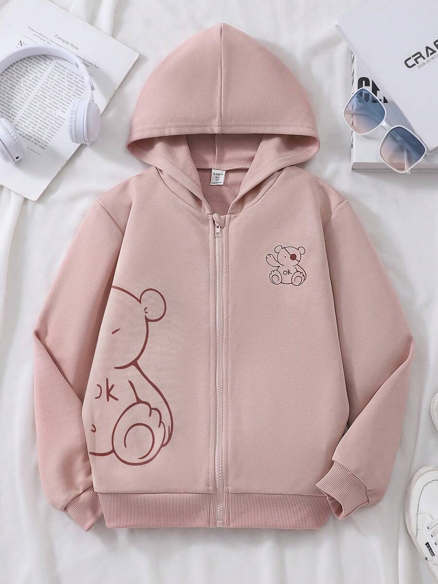 Sparklyn Tween Girl Plain Bear Printed Hooded Sweatshirt - Pink - View 1