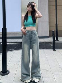 DAZY Women Casual Distressed Floral Embroidered Wide-Leg Jeans Fall,Winter