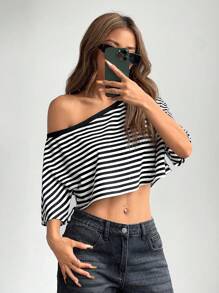 SHEIN EZwear Women's Asymmetrical Neck Striped Casual Elegant Charming Loose Fit T-Shirt
