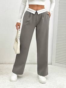 SHEIN PETITE Pantalones de mujer pequeña con cintura plegada de bloque de color y bolsillos inclinados