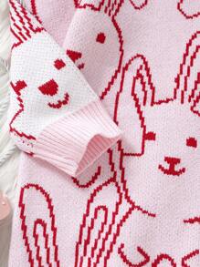 Girls' Pink Rabbit Pattern Loose Sweater Dress, Fashionable, Casual, Cute, Comfortable, Soft, Simple, Warm, Versatile, Elegant, , Suitable For Home Wear, Daily Outings, School, Play, Parties, Suitable For Fall/Winter Season