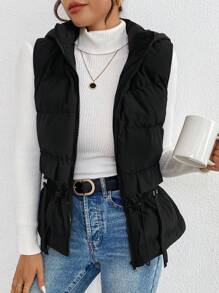 SHEIN Frenchy Veste matelassée à capuche sans manches avec fermeture éclair pour femmes, vêtements d'automne pour femmes, gilet noir - Noir - Voir 4