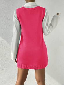 RueChic 1pc Solid V Neck Sweater Vest Dress Without Belt & Blouse - Hot Pink - View 2