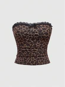 ROMWE J-Fashion Y2K Hot Girl 豹纹抹胸和短裤套装，适合女性和学校 - 棕色 - 查看 7