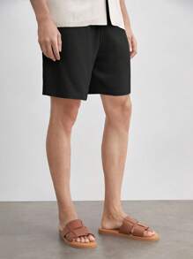 AKNOTIC Business Casual Men's Linen Regular Waist Drawstring Straight Leg Casual Shorts, Suitable For Daily Wear In Summer - Black - View 7