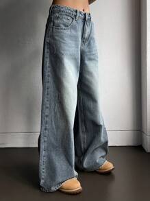 DAZY Women Plain Simple Loose Fit Wide Leg Jeans,Baggy Jeans - Blue - View 6