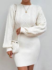 Chiquease Casual Solid Color Lantern Sleeve Sweater Dress, Autumn Spring Fall Cloth For Women - Beige - View 3