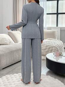 2 件套提花纯色系带衬衫和直腿裤家居服套装 - 灰色 - 查看 2