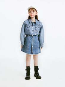 Tween Girls Y2K Style Two-Piece Denim Set, Spring/Autumn Long-Sleeved Denim Jacket With Collar + Denim Skirt Outfits - Medium Wash - View 1