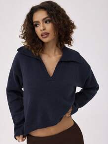 Forever 21 Áo len dài tay cổ chữ V dáng rộng mùa thu/đông mới - Xanh đậm - Xem 7