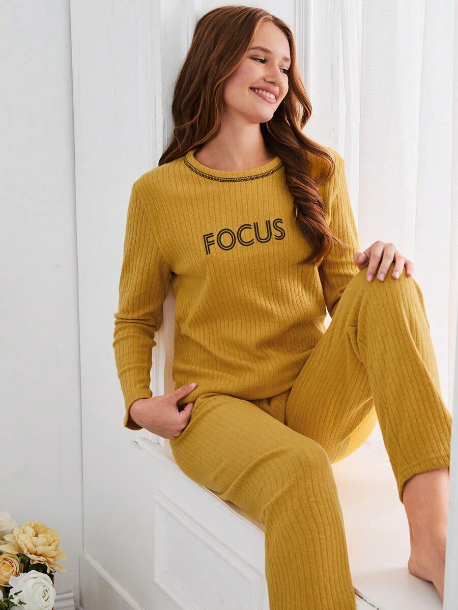 RueChic 100% Cotton 2Pcs  Slogan Injection Printed Shirt And Lounge Bottom Homewear Lounge Set - Mustard Yellow - View 1