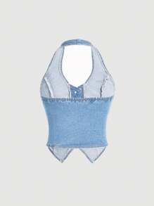 SHEIN ICON 女士前扣合身牛仔背带上衣，日常休闲 - 淺色水洗藍 - 查看 2