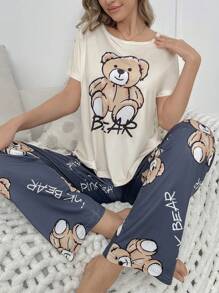 Ensemble T-shirt en peluche d'ours géant imprimé et pantalon de pyjama