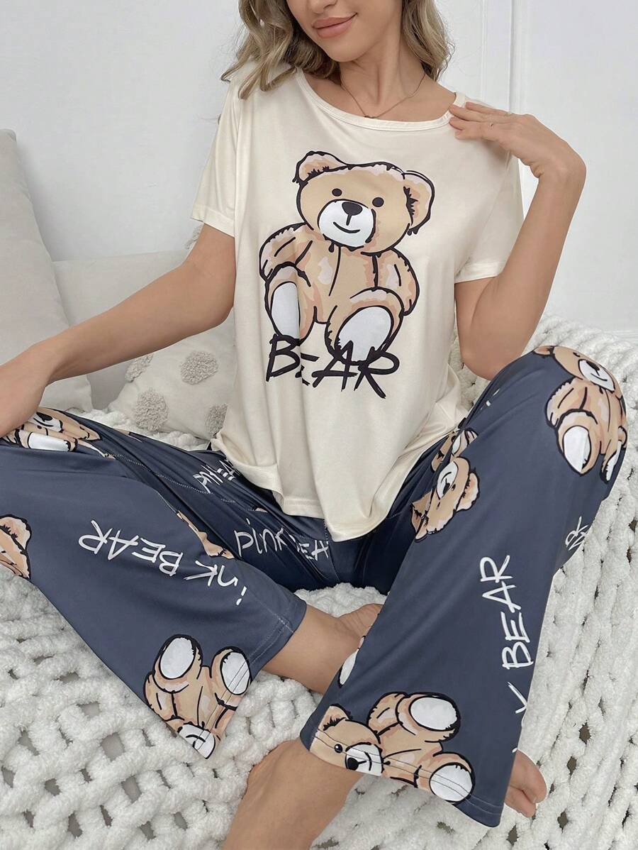 Ensemble T-shirt en peluche d'ours géant imprimé et pantalon de pyjama
