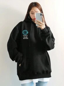 DAZY Women's String Drawstring Letter Print Oversized Hoodie, Casual Everyday Wear,Fall Women Clothes Sweatshirt - Black - View 5