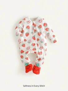 Cozy Pixies Newborn Baby Girl Strawberry Print Contrast Color Soft Knitted Romper With Footie - White - View 7