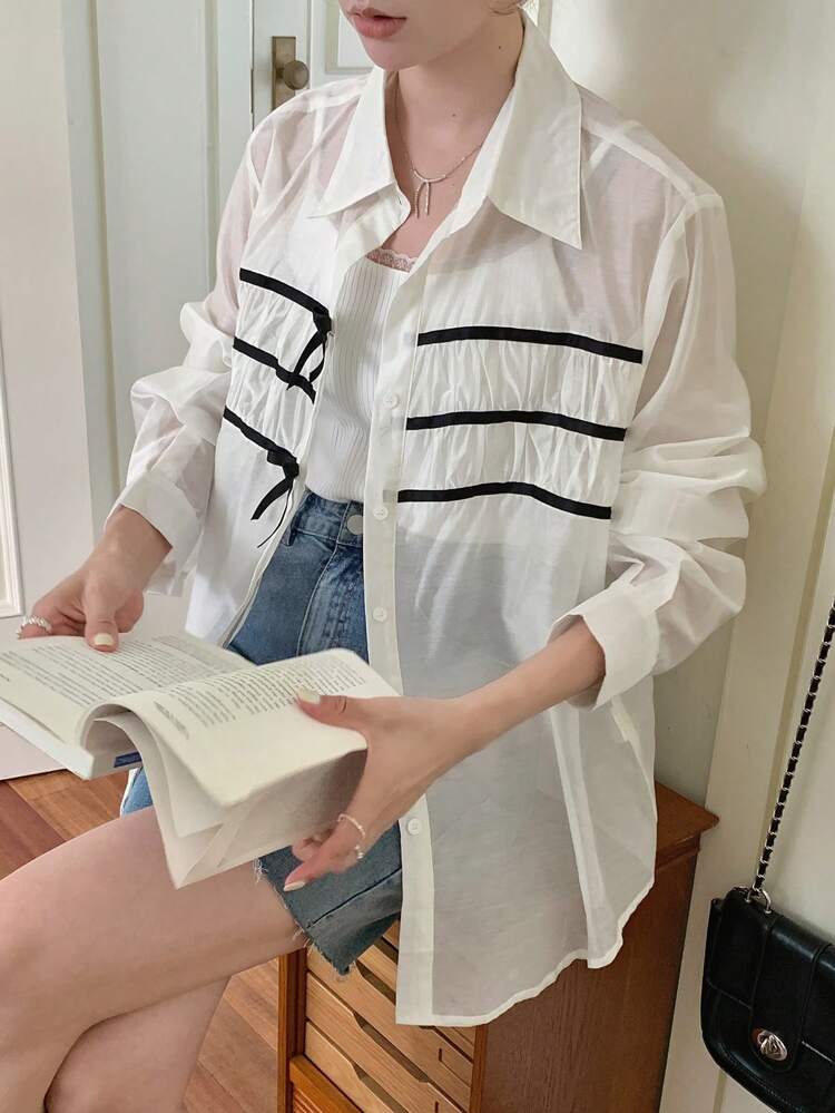 Women's Bow Tie Decoration Striped Splice Sheer Blouse, Long Sleeve
