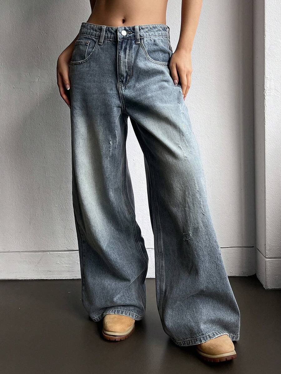 DAZY Women Plain Simple Loose Fit Wide Leg Jeans,Baggy Jeans - Blue - View 1