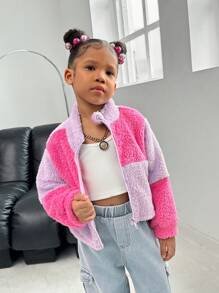 SHEIN Young Girl's Casual All-Match Autumn/Winter New Arrival Stand Collar Short Zip-Up Jacket, Color Blocking In Fuchsia And Purple, Suitable For Fall, Winter, Homewear, Daily, Outdoor, Party, Streetwear