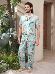 Men's Leaf Print Single Breasted Short Sleeve Top And Pants Pajama Set - Blue - View 7