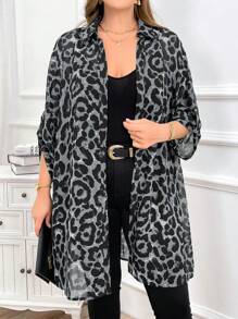 SHEIN Clasi Plus Size Chiffon Printed Open-Front Long Shirt Fall Women Clothes - Grey - View 3