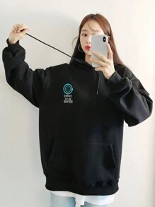 DAZY Women's String Drawstring Letter Print Oversized Hoodie, Casual Everyday Wear,Fall Women Clothes Sweatshirt - Black - View 9