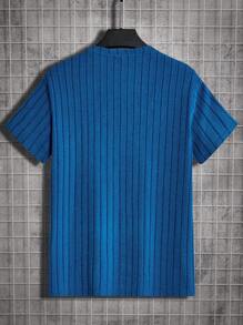 Manfinity BRENVOR Men Solid Ribbed Knit Basic Plain Short Sleeve Tee, Vacation, For Husband, Summer - Blue - View 4